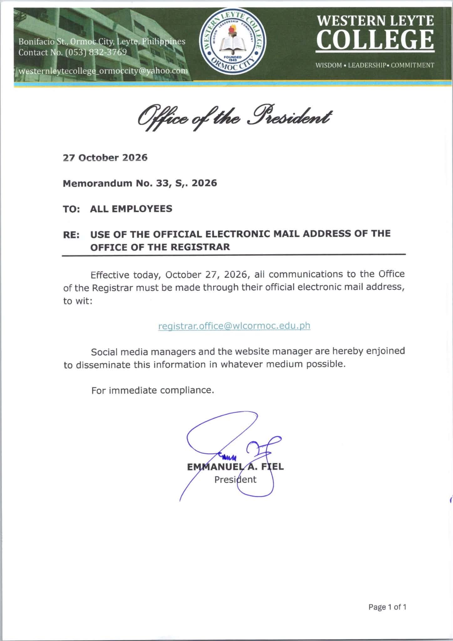 Read more about the article MEMORANDUM: Official Communication to the Office of the Registrar